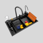 Waterfall Multifunction All in One Kitchen Sink - 30x18 Nano Black Stainless Steel Handmade Sink - Image 2