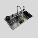 Waterfall Multifunction All in One Kitchen Sink - 30x18 Nano Black Stainless Steel Handmade Sink